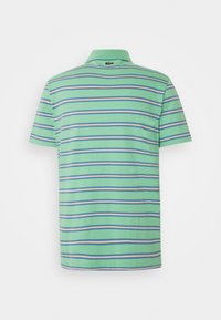Polo vert à manches courtes avec des rayures horizontales bleues et beiges, avec un col et un petit logo brodé sous le col à l'arrière.