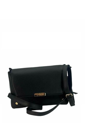 Borsa a tracolla in pelle nera con design strutturato, patta frontale, hardware dorato e tracolla regolabile. Finitura testurizzata e dettagli minimalisti.