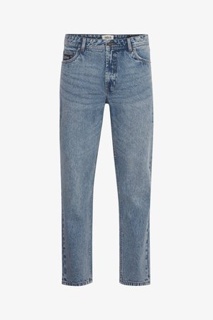 Light blue denim jeans with a straight-leg design, faded finish, and five-pocket styling. Features a button fly and logo patch on the waistband.