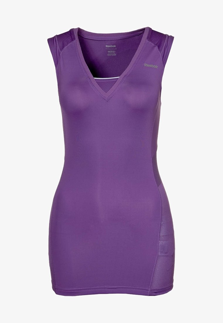 Lila sporttopp med V-urringning, ärmlös design, slankt material och sidopaneler i mesh för ventilation. Har diskret branding.
