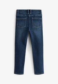 Jeans in denim blu scuro con taglio dritto, cinque tasche e dettagli di cucitura medi. Vita aderente e aperture delle gambe strette.