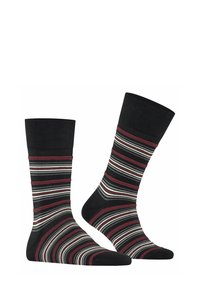 Schwarze Socken mit horizontalen Streifen in Rot, Grau, Weiß und Schwarz. Gerippter Bund oben, weicher Stoff, Knöchelhöhe.