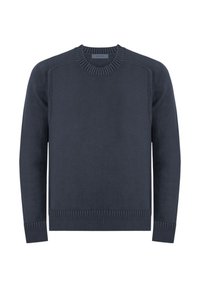Maglione lavorato a maglia blu navy con scollo rotondo, polsini e orlo a costine. Presenta una texture liscia e una vestibilità leggermente aderente.