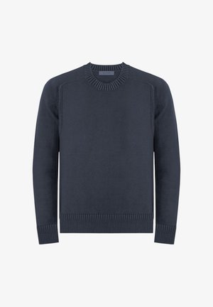 Maglione lavorato a maglia blu navy con scollo rotondo, polsini e orlo a costine. Presenta una texture liscia e una vestibilità leggermente aderente.