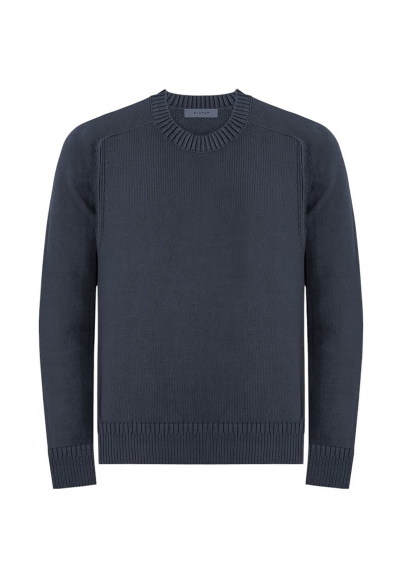 Maglione lavorato a maglia blu navy con scollo rotondo, polsini e orlo a costine. Presenta una texture liscia e una vestibilità leggermente aderente.