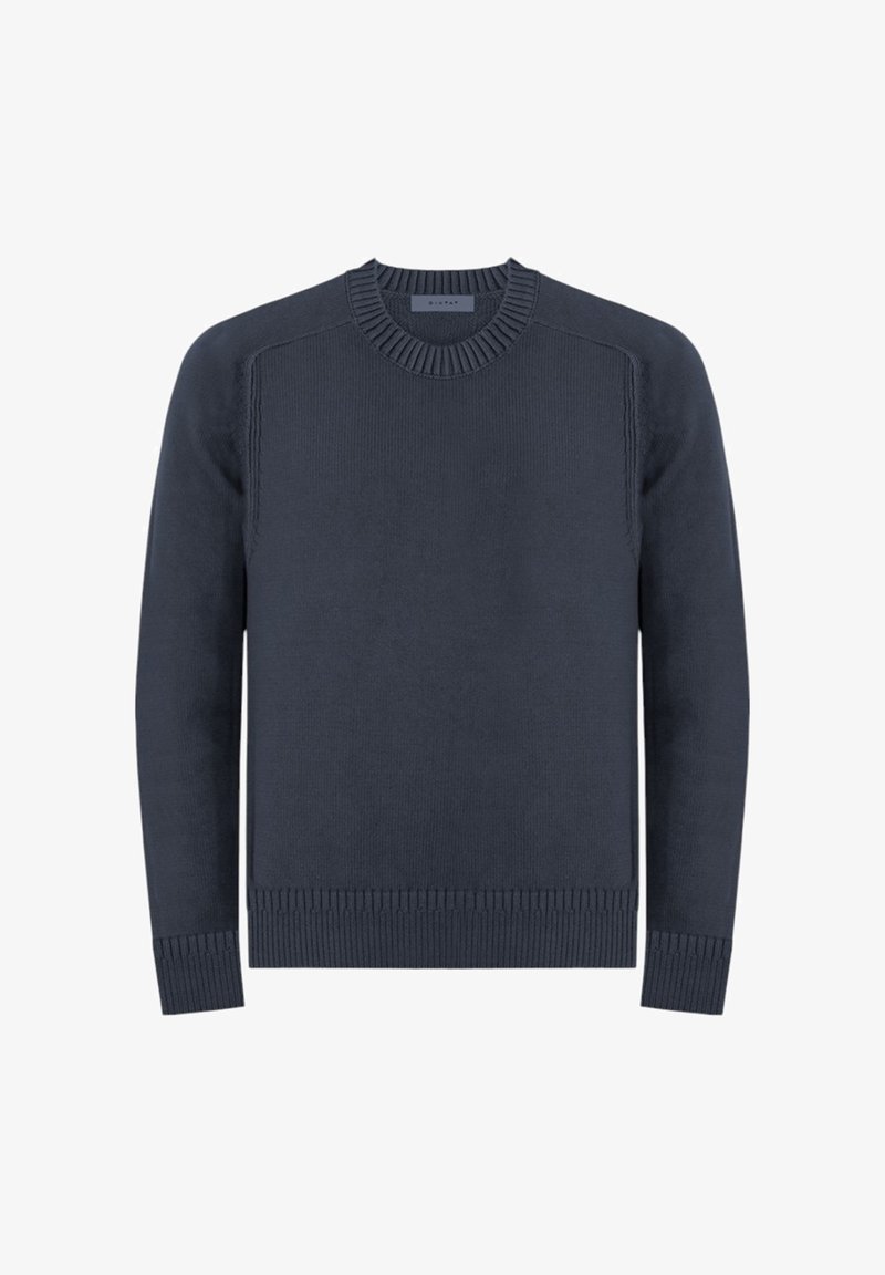 Maglione lavorato a maglia blu navy con scollo rotondo, polsini e orlo a costine. Presenta una texture liscia e una vestibilità leggermente aderente.