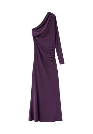 Vestido de noche morado de un solo hombro con manga larga y detalles de tela fruncida en el busto y el costado, estilo hasta el suelo.