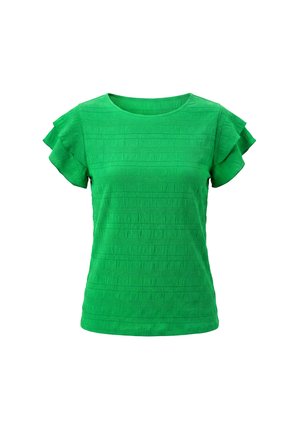 Jasnozielona damska bluzka z krótkim rękawem z fakturowanymi poziomymi paskami i falbanianymi warstwowymi rękawami, okrągły dekolt, dopasowany krój.