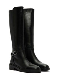 Knee-high black leather boots with a smooth texture, almond toe, and a decorative silver hardware buckle on the side. Flat rubber sole.
