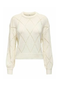 Pull en tricot crème avec un motif ajouré en losanges, manches longues ballon, col rond et finitions côtelées aux poignets et à l'ourlet.