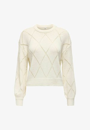 Gräddfärgad stickad tröja med diamantmönster i openwork, långa ballongsleeves, rundad halsringning samt ribbade muddar och nederkant.
