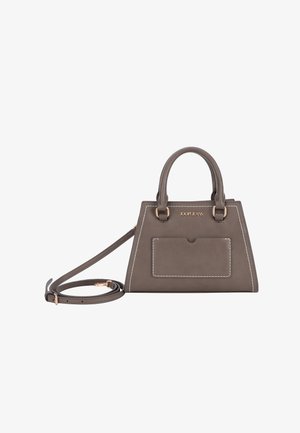 Bolso de mano de imitación cuero gris con dos asas superiores, una correa desmontable, un bolsillo frontal y adornos de costura blanca. Presenta herrajes dorados.