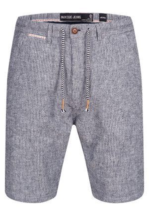 Gestreepte shorts van grijs stof, met een tailleband met koord in combinatie met bruine accenten en twee zakken, waarvan er één een contrasterende bies heeft.