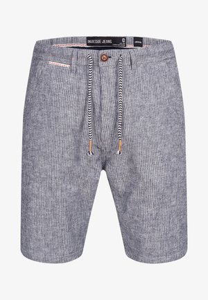 Gestreepte shorts van grijs stof, met een tailleband met koord in combinatie met bruine accenten en twee zakken, waarvan er één een contrasterende bies heeft.