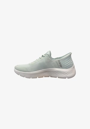 Light gray Skechers slip-on sneaker with mesh upper, textured heel collar, lace details, and white cushioned sole.