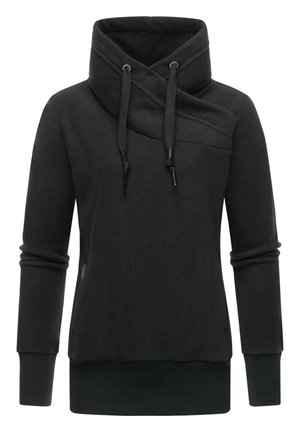 Musta fleece-poolopaita, jossa epäsymmetrinen korkea kaulus ja kiristysnauhat, resorit hihansuissa ja helmassa, pitkät hihat sekä sivutaskut.