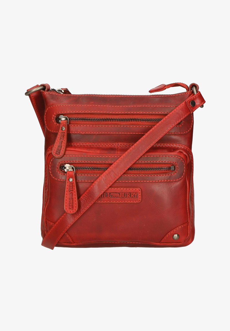 Borsa a tracolla rossa in pelle con più cerniere, tracolla regolabile, logo in rilievo e cuciture a contrasto. Presenta una finitura liscia e angoli arrotondati.