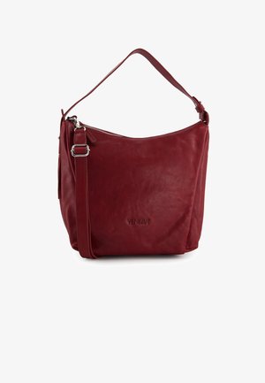 Red leather shoulder bag with a smooth texture, silver hardware, adjustable strap, and a zippered closure. Features embossed logo detail.