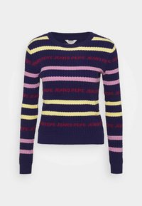 Granatowy sweter robiony na drutach w poziome paski w kolorze żółtym, różowym i czerwonym. Zawiera napis "JEANS PEPE" w kolorze czerwonym. Długie rękawy i okrągły dekolt.