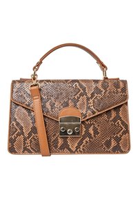 Borsa a mano con motivo in pelle di serpente marrone, dal design strutturato, con hardware in tono oro, manico superiore e tracolla staccabile.