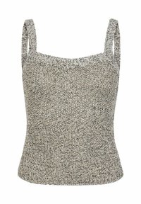 Stickad linne i en fläckig grå mönster med en figurnära passform, breda axelband och en ribbad fåll för textur och detalj.