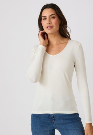 Donna con capelli lunghi e scuri che indossa una maglia bianca a maniche lunghe con scollo a V e jeans blu, toccandosi il collo, su uno sfondo chiaro e uniforme.