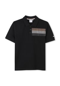 Black polo shirt in textured fabric with a three-button placket and a colorful graphic pattern of vertical lines on the left chest.