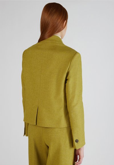 Blazer verde strutturato con taglio dritto, dotato di spacco sul retro e polsini con bottone. Il tessuto presenta un sottile motivo intrecciato.