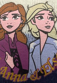 Knit sweater featuring illustrated characters Anna and Elsa. Anna has brown hair, wearing a purple cloak; Elsa has blonde hair with a light blue outfit.