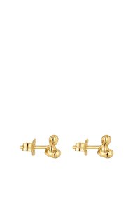 Pendientes de oro con un diseño redondeado y minimalista, con una textura suave y cierre de palanca. Cada pendiente tiene dos acentos esféricos.