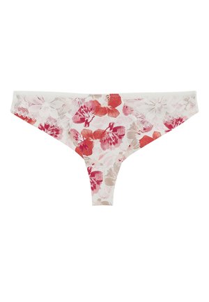 String blanc avec imprimé floral rouge et beige et bordure en dentelle blanche à la taille, ornée de deux petits boutons décoratifs.