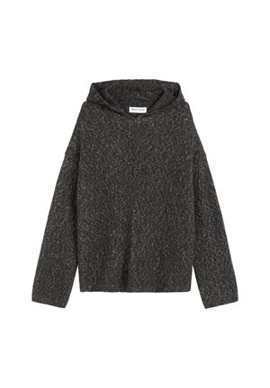 Sweat à capuche gris foncé en tissu tricoté texturé. Présente un col large et des manches longues avec une coupe décontractée. Étiquette visible à l'intérieur.