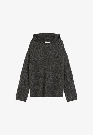 Czarny szary pulower z kapturem wykonany z teksturowanej dzianiny. Posiada szeroki dekolt i długie rękawy w luźnym kroju. Widoczna metka wewnątrz.