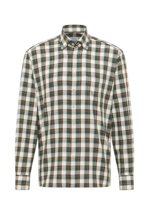 Knoop-overhemd van katoen, met een groen-, bruin- en witte ruitpatroon. Lange mouwen met een enkele borstzak. Klassiek kraagontwerp.