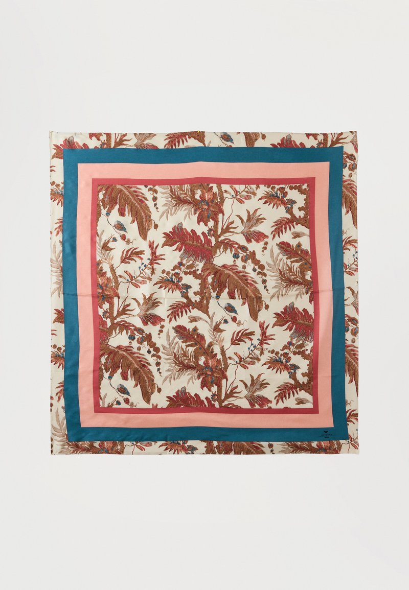 Μεταξωτό μαντήλι με λουλουδάτο σχέδιο σε καφέ και κόκκινο, περιτριγυρισμένο από ροζ και τιρκουάζ περιθώρια, με λεία υφή και τετράγωνο σχήμα.