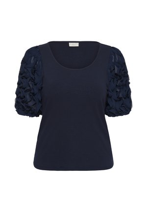 Blusa azul marino con mangas cortas abullonadas fruncidas y escote redondo.
