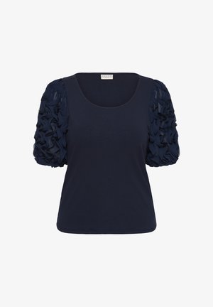 Blusa azul marino con mangas cortas abullonadas fruncidas y escote redondo.