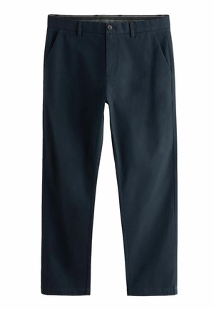 Pantaloni bleumarin dintr-un material neted, cu un front plat, buzunare laterale și închidere cu un singur buton la talie.