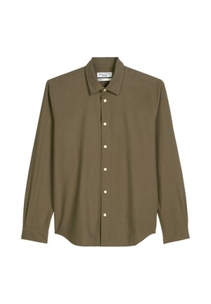 Camicia a maniche lunghe verde oliva realizzata in tessuto liscio, caratterizzata da colletto appuntito, chiusura frontale con bottoni e orlo arrotondato.