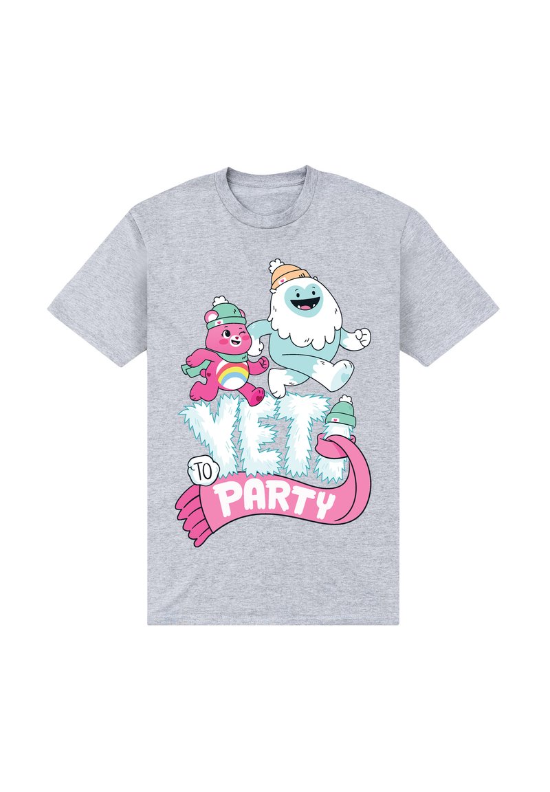 Camiseta gris con personajes de dibujos animados: un oso rosa y un yeti azul, con gorros de invierno, y el texto "YETI A LA FIESTA" en negrita rosa y azul helado.