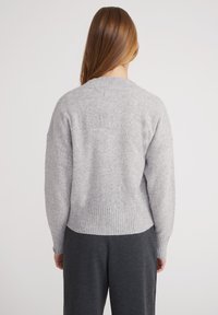 Maglione grigio chiaro a maglia con orlo e polsini a coste. Presenta un collo rotondo e una vestibilità rilassata, leggermente oversize.