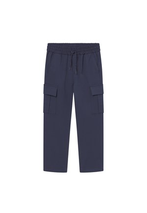 Marinefarbene Cargo-Hose mit elastischem Bund, Kordelzugverschluss und zwei seitlichen Cargo-Taschen. Glatte Stoffstruktur. Gerade Beinform.