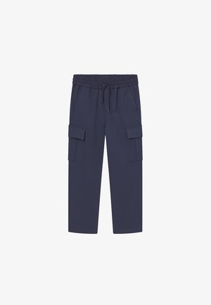 Marine cargabukser med elastisk talje, snørelukning og to sidelommer. Glat stoftekstur. Dret ben-design.