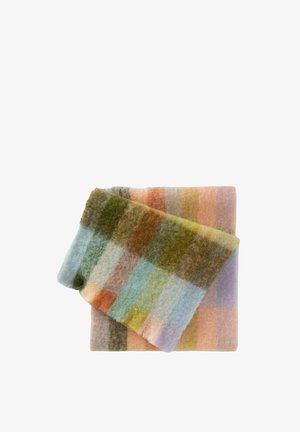Wool blanket in pastel hues featuring a checkered pattern with green, blue, orange, and purple squares. Soft texture with a warm look.