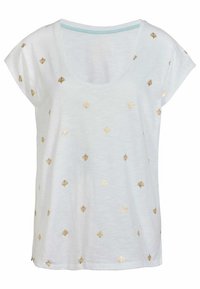 Vit t-shirt med korta ärmar och vid halsringning, med guldfolie snäckmönster jämnt fördelade över tyget.