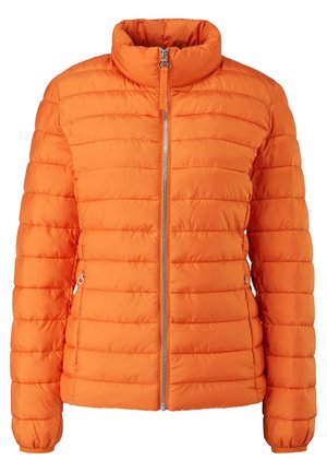 Bright orange padded jacket with front zipper, stand collar, and zippered side pockets, designed for warmth and casual wear.
