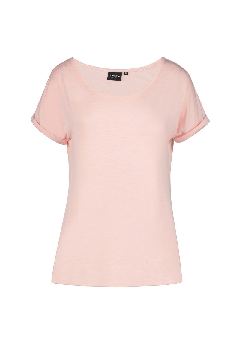 Ljusrosa kortärmad t-shirt med bred rund halsringning, mjuk textur och upprullade ärmar; tillverkad av andningsbart tyg, lämplig för avslappnad användning.