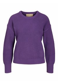 Lila gestrickter Pullover mit Rundhalsausschnitt, gerippter Textur, oversize Ärmeln und geradem Saum. Hergestellt aus einem weichen, warmen Stoff.