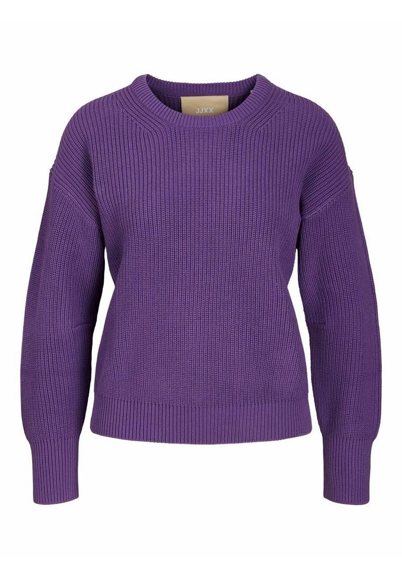 Lila gestrickter Pullover mit Rundhalsausschnitt, gerippter Textur, oversize Ärmeln und geradem Saum. Hergestellt aus einem weichen, warmen Stoff.