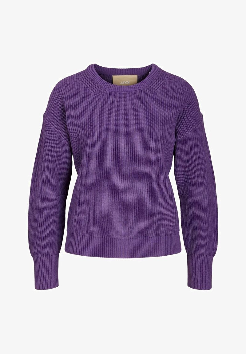 Lila gestrickter Pullover mit Rundhalsausschnitt, gerippter Textur, oversize Ärmeln und geradem Saum. Hergestellt aus einem weichen, warmen Stoff.